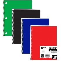 5 Subject Notebook, 150 Sheets, Wide Ruled, Assorted colors