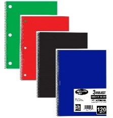 3 Subject Notebook, 120 Sheets, College Ruled, Assorted colors